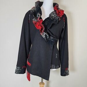 SOLOLA Wool‎ Blend Cardigan Womens Small 3D Embroidery Ruffle Whimsical Art Goth